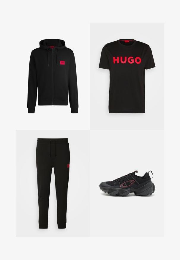 Czarny rozpinany hoodie wykonany z miękkiego materiału, z czerwoną prostokątną naszywką logo na lewej piersi i kapturem ze sznurkiem.; Czarna bawełniana koszulka z odważnym czerwonym napisem "HUGO" z przodu, krótkie rękawy, okrągły dekolt oraz luźny krój.; Czarne dresy wykonane z miękkiej tkaniny, z gumką w talii, dopasowanej sylwetce i czerwoną łatą z logo na lewej udzie.; Czarne buty sportowe z teksturowaną siateczką, kontrastującymi czerwonymi akcentami oraz masywną gumową podeszwą z zaokrąglonymi wypustkami.
