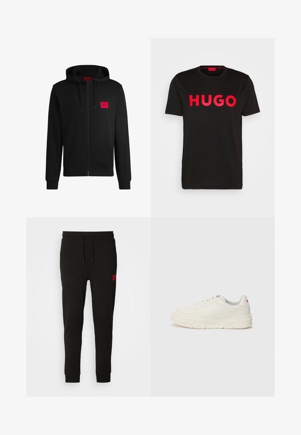 Black zip-up hoodie made of soft fabric, featuring a red rectangular logo patch on the left chest and drawstring hood.; Black cotton t-shirt featuring bold red "HUGO" text on the front, short sleeves, round neckline, and a relaxed fit.; Black sweatpants made of soft fabric, featuring a drawstring waist, slim fit, and a red logo patch on the left thigh.; White sneakers with a smooth leather upper, round toe, flat laces, and a textured rubber sole. A red accent is on the heel.