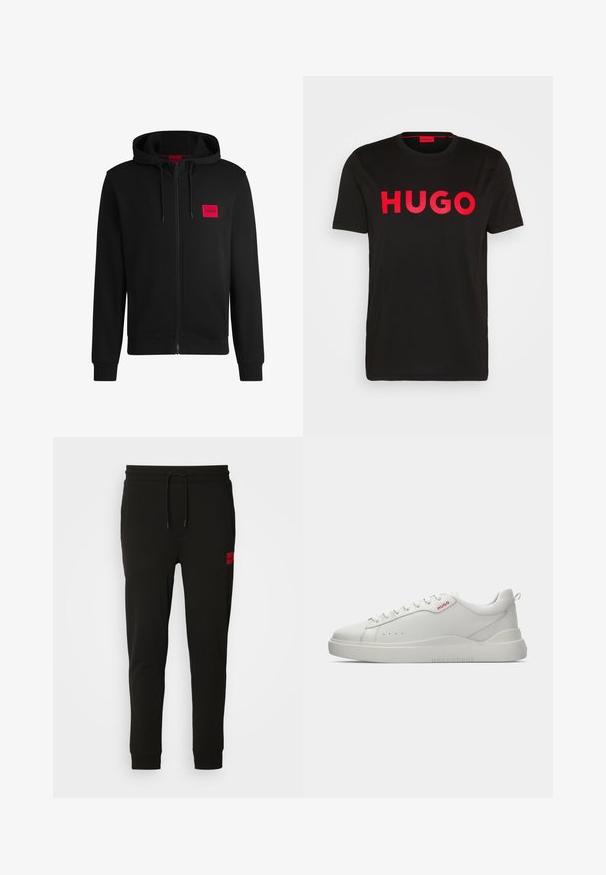 Hanorac negru cu fermoar, fabricat dintr-un material moale, cu un patch rectangular roșu pe pieptul stâng și glugă cu șnur.; Tricou din bumbac negru, cu text „HUGO” îndrăzneț roșu pe față, mâneci scurte, decolteu rotund și o croială lejeră.; Pantaloni de trening negri, confecționați dintr-un material moale, cu talie ajustabilă prin șnur, croi slim și un logo roșu pe coapsa stângă.; Adidași albi cu un finisaj din piele netedă, vârf rotund, patru găuri pentru șireturi, perforații subtile și un detaliu cu logo roșu pe lateral.