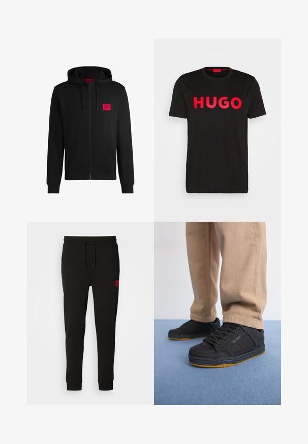 Hoodie zippé noir en tissu doux, avec un patch logo rectangulaire rouge sur la poitrine gauche et une capuche avec cordon de serrage.; T-shirt en coton noir avec le texte "HUGO" en rouge vif sur le devant, manches courtes, col rond et coupe décontractée.; Pantalons de survêtement noirs en tissu doux, avec une taille à cordon, coupe slim et un patch logo rouge sur la cuisse gauche.; Chaussures de skate noires avec une tige synthétique texturée, une semelle rembourrée, des lacets gris et une semelle extérieure en caoutchouc gomme. Portées avec un pantalon beige clair.