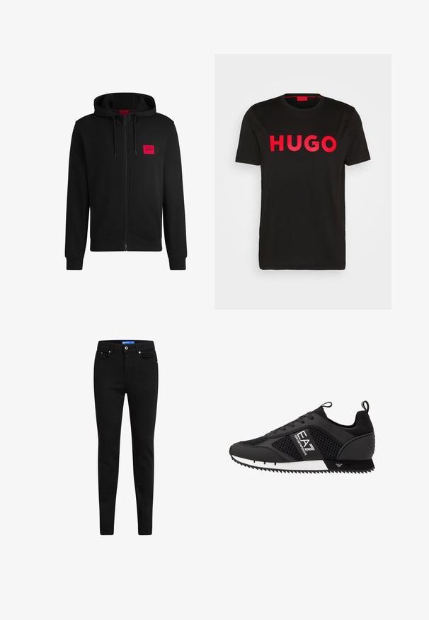 Svart zip-up huvtröja gjord av mjukt tyg, med en röd rektangulär logotyp på vänster bröst och dragsko i huvan.; Svart bomull t-shirt med djärv röd "HUGO" text framtill, korta ärmar, rund halsringning och en avslappnad passform.; Svarta smala jeans i denim, med fem fickor, knappstängning och en kontrasterande blå etikett på midjan.; EA7 Emporio Armani Sneakers - black/white