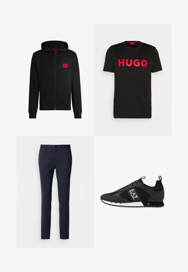 Hoodie zippé noir en tissu doux, avec un patch logo rectangulaire rouge sur la poitrine gauche et une capuche avec cordon de serrage.; T-shirt en coton noir avec le texte "HUGO" en rouge vif sur le devant, manches courtes, col rond et coupe décontractée.; Pantalons navy en tissu lisse et extensible. Dotés d'une fermeture éclair, d'un seul bouton et de jambes slim et fuselées.; EA7 Emporio Armani LACES UNISEX - Baskets basses - black/white
