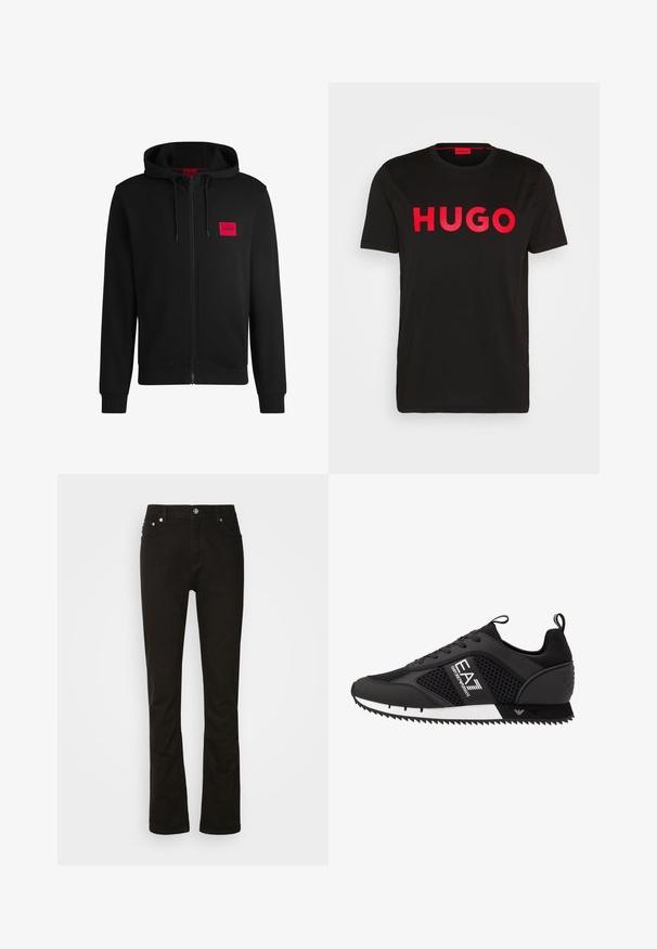 Sudadera negra con cremallera hecha de un tejido suave, con un parche rectangular rojo en el lado izquierdo del pecho y capucha con cordón.; Camiseta de algodón negra con el text bold rojo "HUGO" en la parte frontal, mangas cortas, cuello redondo y un corte relajado.; Jeans de denim negro con diseño de pierna recta, que cuentan con bolsillos frontales, una cremallera y acentos de hardware plateado. Textura suave, sin patrones.; EA7 Emporio Armani LACES UNISEX - Zapatillas - black/white