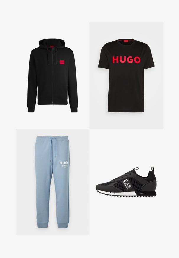 Fekete zipzáras kapucnis pulóver, puha anyagból készült, bal mellen piros téglalap alakú logóval és állítható kapucnival.; Fekete pamut póló, elöl feltűnő piros "HUGO" felirattal, rövid ujjal, kerek nyakkivágással és laza szabással.; Világoskék melegítőnadrág, puha anyagból készült, rugalmas derékkal, húzózsinórral és fehér logómintával a bal combon.; EA7 Emporio Armani Sportcipő - black/white