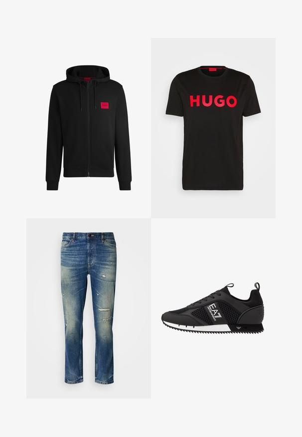 Sudadera negra con cremallera hecha de un tejido suave, con un parche rectangular rojo en el lado izquierdo del pecho y capucha con cordón.; Camiseta de algodón negra con el text bold rojo "HUGO" en la parte frontal, mangas cortas, cuello redondo y un corte relajado.; Jeans de mezclilla azul claro con un ajuste relajado, que presentan detalles desgastados, parches desvanecidos y un cierre clásico de botón y cremallera.; EA7 Emporio Armani LACES UNISEX - Zapatillas - black/white