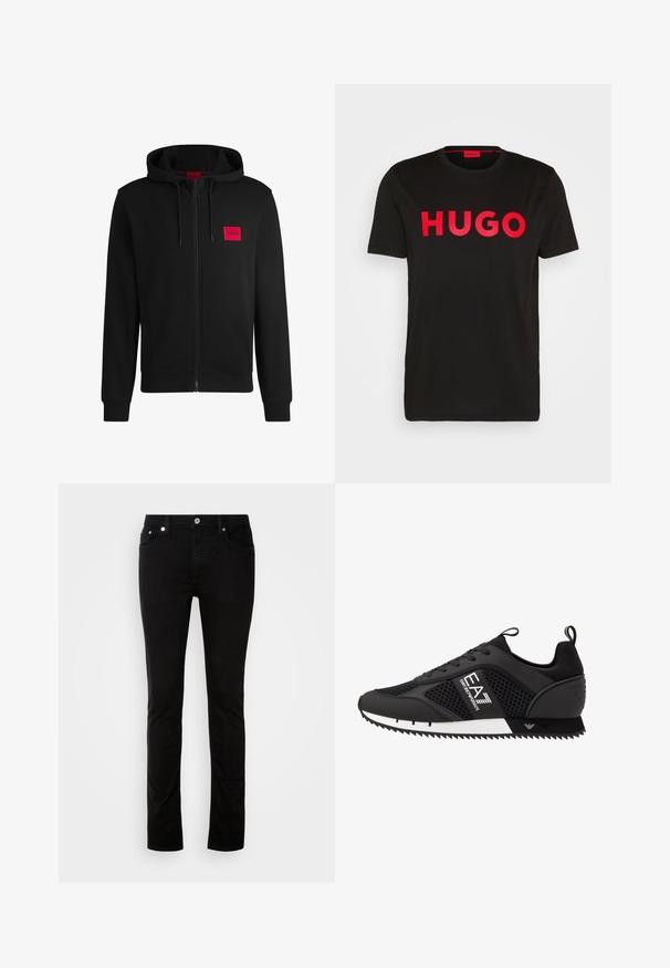 Sudadera negra con cremallera hecha de un tejido suave, con un parche rectangular rojo en el lado izquierdo del pecho y capucha con cordón.; Camiseta de algodón negra con el text bold rojo "HUGO" en la parte frontal, mangas cortas, cuello redondo y un corte relajado.; Jeans de tiro negro con un corte ajustado, diseño de cinco bolsillos, cierre con botón de metal y detalles de costura sutiles. Textura suave y color uniforme.; EA7 Emporio Armani LACES UNISEX - Zapatillas - black/white