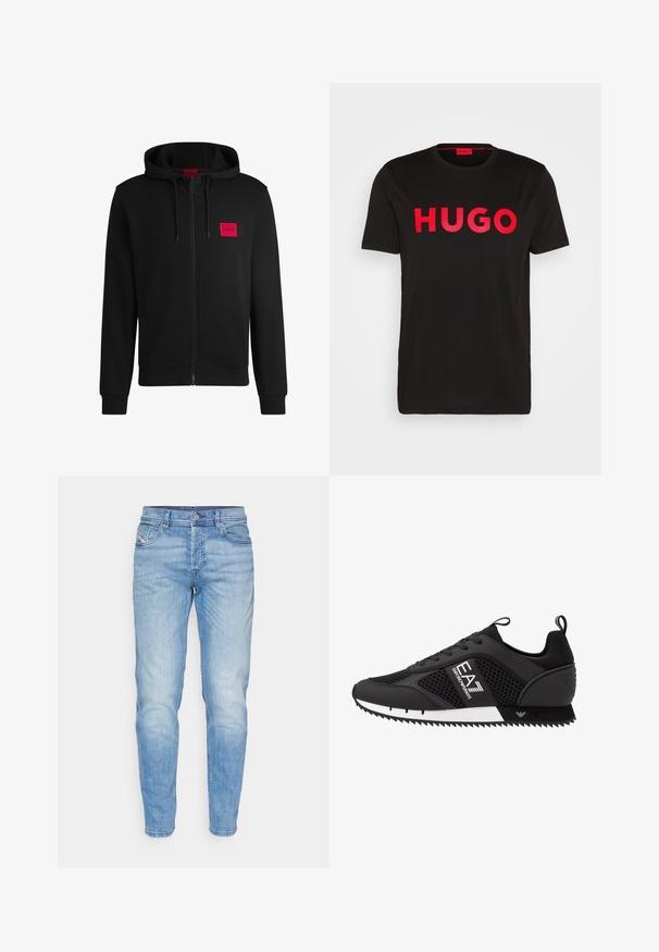Črna zip-up kapuca iz mehkega blaga, z rdečim pravokotnim logotipom na levi strani prsnega koša in kapuco s vrvico.; Črna bombažna majica s poudarjenim rdečim napisom "HUGO" spredaj, kratkimi rokavi, okroglo ovratnikom in sproščenim krojem.; Svetlo modri jeans s ravnim nogavicama, ki imajo klasičen pet žepni dizajn in tanek učinek obrabljenosti na sprednji strani.; EA7 Emporio Armani Športni copati - black/white