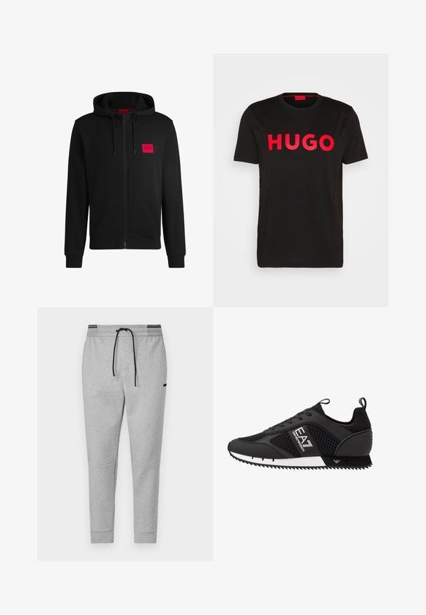 Melnā pieguļošā jaka ar rāvējslēdzēju, izgatavota no mīksta auduma, ar sarkanu taisnstūra formas logo uz kreisā krūtīm un regulējamu kapuci.; Melns kokvilnas T-krekls ar izteiksmīgām sarkanm sērijas "HUGO" uzrakstam priekšpusē, īsām piedurknēm, apaļu kakla izgriezumu un brīvu piegriezumu.; Pelēki treniņbikses ar elastīgu jostasvietu, melnu auklu un rāvējslēdzēju kabatām; iekļautas ceļa paneļi un ribota apkakle.; EA7 Emporio Armani LACES UNISEX - Treniņu apavi - black/white