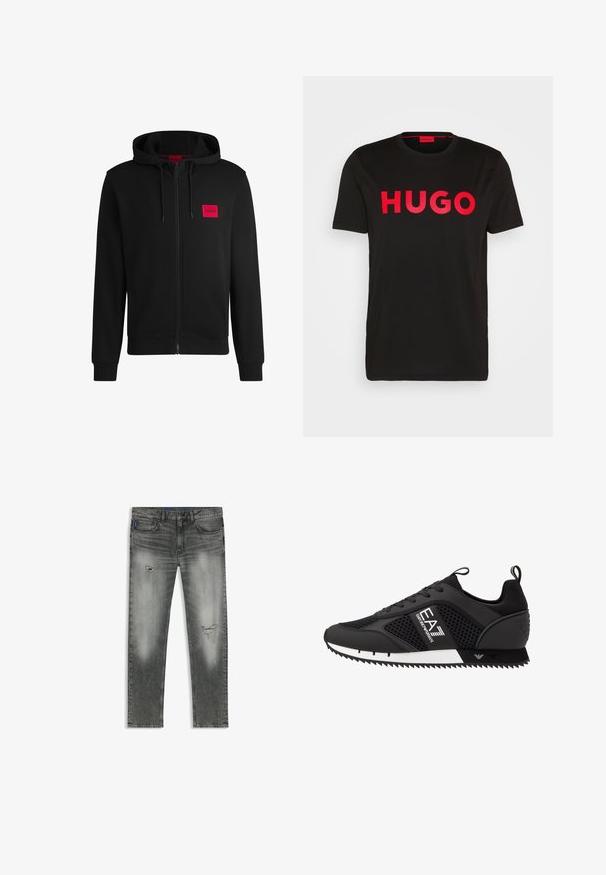 Mustapintainen vetoketjuhuppari, joka on valmistettu pehmeästä kankaasta. Vasemmassa rinnassa on punainen suorakulmainen logopatja ja siinä on kiristettävä huppu.; Musta puuvillainen t-paita, jossa on rohkea punainen "HUGO" -teksti edessä, lyhyet hihat, pyöreä kaula-aukko ja rento istuvuus.; Harmaat farkut suoralla lahkeella. Ominaisuuksiin kuuluvat kuluneet tahrat, hienovarainen haalistuminen ja viisi taskua. Ylälaskostettu vyötärö.; EA7 Emporio Armani Matalavartiset tennarit - black/white