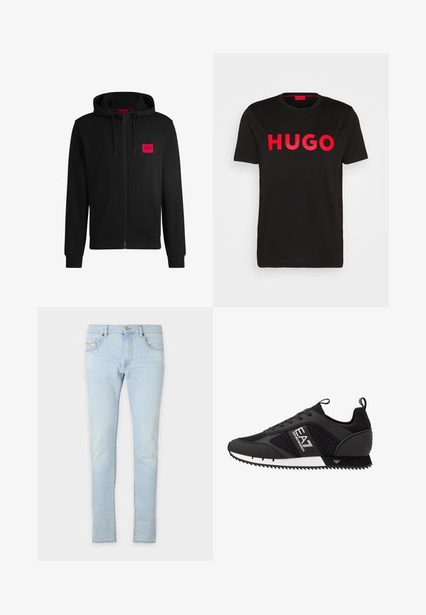 Mustmust sinine kapuutsiga ja pehme kangaga, millel on vasakul rinnal punane ristkülikukujuline logo ja nööriga kapuuts.; Must päikese must puuvillane T-särk, millel on esiosas julge punane "HUGO" tekst, lühikesed varrukad, ümar kaelus ja mugav lõige.; Heledad hall sinise teksad, millel on kitsas lõige, esimesed ja tagumised taskud ning kangal on kerge kulumine tekstuuri loomiseks.; EA7 Emporio Armani LACES UNISEX - Tossud - black/white