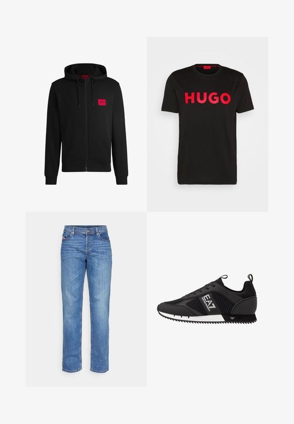 Črna zip-up kapuca iz mehkega blaga, z rdečim pravokotnim logotipom na levi strani prsnega koša in kapuco s vrvico.; Črna bombažna majica s poudarjenim rdečim napisom "HUGO" spredaj, kratkimi rokavi, okroglo ovratnikom in sproščenim krojem.; Svijetloplave traperice ravnog kroja s pet džepova. Imaju prednje zakopčavanje na gumb i lagano izblijedjivanje za teksturu.; EA7 Emporio Armani Športni copati - black/white