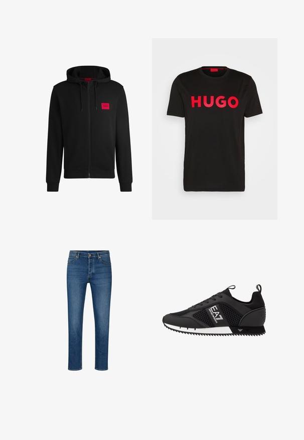 Sudadera negra con cremallera hecha de un tejido suave, con un parche rectangular rojo en el lado izquierdo del pecho y capucha con cordón.; Camiseta de algodón negra con el text bold rojo "HUGO" en la parte frontal, mangas cortas, cuello redondo y un corte relajado.; Jeans de mezclilla azul con corte recto, que cuentan con cinco bolsillos, trabillas para cinturón y un cierre de botón. Con desgaste ligero y costuras en contraste.; EA7 Emporio Armani LACES UNISEX - Zapatillas - black/white