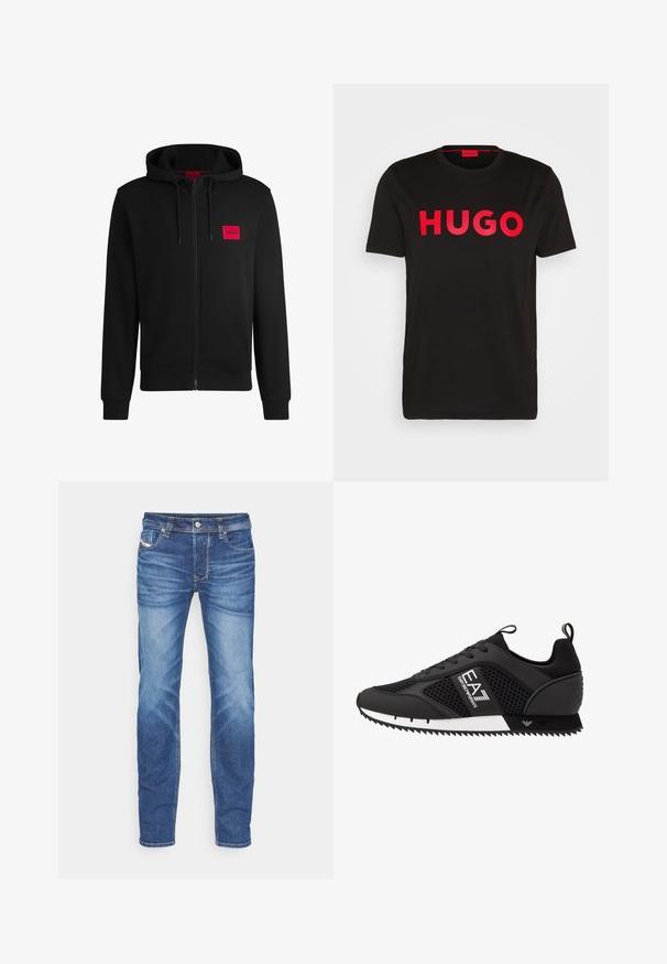 Sudadera negra con cremallera hecha de un tejido suave, con un parche rectangular rojo en el lado izquierdo del pecho y capucha con cordón.; Camiseta de algodón negra con el text bold rojo "HUGO" en la parte frontal, mangas cortas, cuello redondo y un corte relajado.; Jeans de denim ajustados en azul con efecto desgastado, cierre frontal con botón y cremallera, y diseño de cinco bolsillos sobre un fondo blanco.; EA7 Emporio Armani LACES UNISEX - Zapatillas - black/white