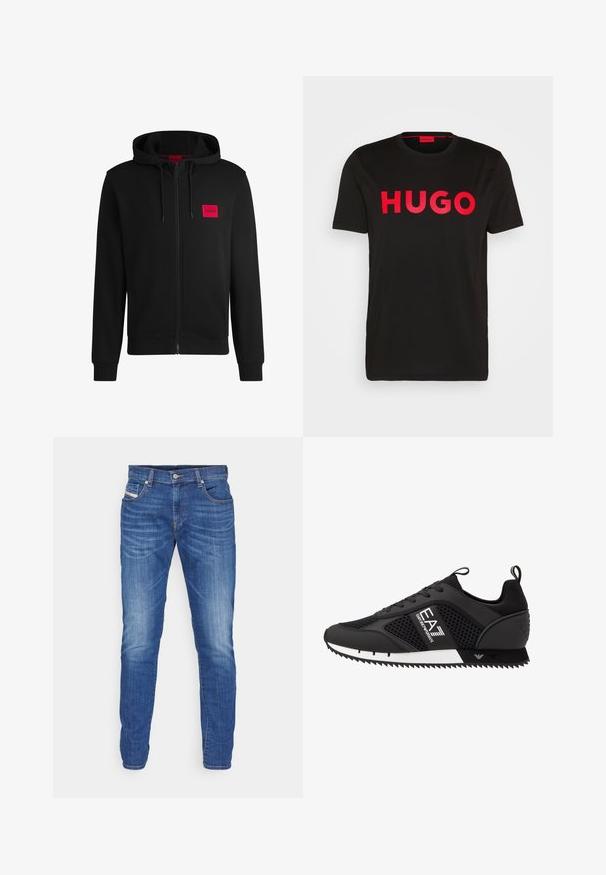 Fekete zipzáras kapucnis pulóver, puha anyagból készült, bal mellen piros téglalap alakú logóval és állítható kapucnival.; Fekete pamut póló, elöl feltűnő piros "HUGO" felirattal, rövid ujjal, kerek nyakkivágással és laza szabással.; Kék farmernadrág egyenes szárú fazonnal, világos mosású kivitelben, öt zsebbel, gombos záródással és narancssárga varrással.; EA7 Emporio Armani Sportcipő - black/white