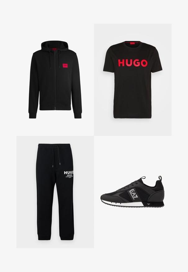 Zwarte zip-up hoodie van zacht materiaal, met een rood rechthoekig logo patch op de linkerborst en een verstelbare capuchon.; Zwarte katoenen T-shirt met op de voorkant gedurfde rode "HUGO" tekst, korte mouwen, ronde hals en een relaxte pasvorm.; Zwarte joggingbroek van een katoenmix, met een trekkoord in de taille, taps toelopende benen en een wit bedrukt logo en tekst op de linker dij.; EA7 Emporio Armani LACES UNISEX - Sneakers laag - black/white