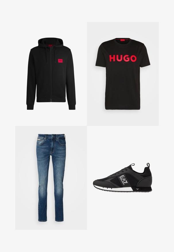 Crna zip-up dukserica napravljena od mekanog materijala, s crvenim pravokutnim logotipom na lijevoj strani prsnog koša i kapuljačom s vezicom.; Crna pamučna majica s istaknutim crvenim "HUGO" tekstom na prednjoj strani, kratkim rukavima, okruglim izrezom i opuštenim krojem.; Plave traperice s ravnim krojem, koje imaju izblijedjeli završetak, suptilno istrošene na koljenu i klasičan dizajn s pet džepova.; EA7 Emporio Armani Tenisice - black/white