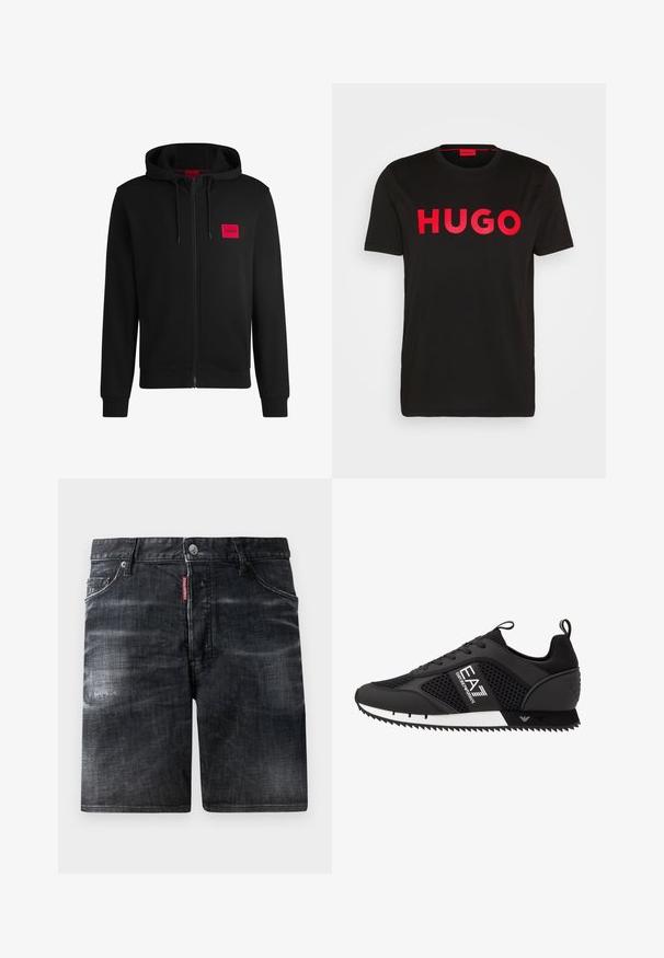 Mustapintainen vetoketjuhuppari, joka on valmistettu pehmeästä kankaasta. Vasemmassa rinnassa on punainen suorakulmainen logopatja ja siinä on kiristettävä huppu.; Musta puuvillainen t-paita, jossa on rohkea punainen "HUGO" -teksti edessä, lyhyet hihat, pyöreä kaula-aukko ja rento istuvuus.; Musta farkkushortsit, joissa on haalistunut kuosi, viisi taskua ja metallinen napitus. Vyötäröllä on näkyvä merkkilabeli.; EA7 Emporio Armani LACES UNISEX - Matalavartiset tennarit - black/white