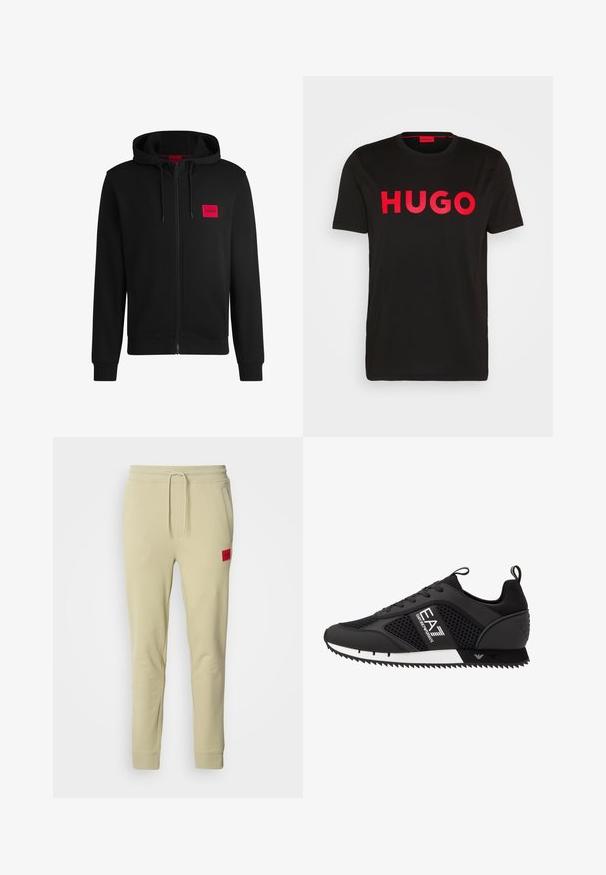 Black zip-up hoodie made of soft fabric, featuring a red rectangular logo patch on the left chest and drawstring hood.; Black cotton t-shirt featuring bold red "HUGO" text on the front, short sleeves, round neckline, and a relaxed fit.; Light beige sweatpants made from soft fabric, featuring a drawstring waistband, side pockets, and a red logo patch on the right thigh.; EA7 Emporio Armani Trainers - black/white