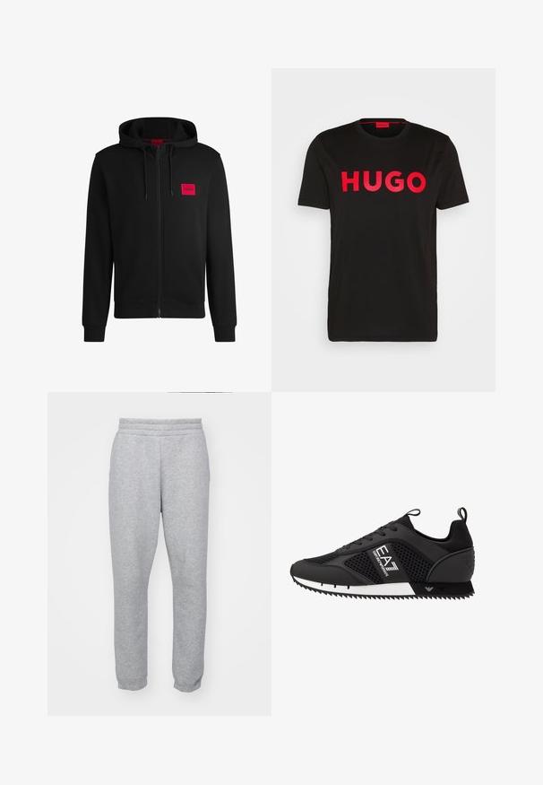 Schwarze Zip-Hoodie aus weichem Stoff, mit einem roten rechteckigen Logo-Patch auf der linken Brust und Kapuze mit Kordelzug.; Schwarzes Baumwoll-T-Shirt mit fettem roten "HUGO"-Schriftzug auf der Vorderseite, kurzen Ärmeln, rundem Ausschnitt und lässiger Passform.; Graue Jogginghosen aus weichem Stoff, mit einem elastischen Bund und engen Bündchen für eine schlanke Form. Keine sichtbaren Taschen.; EA7 Emporio Armani Sneaker low - black/white