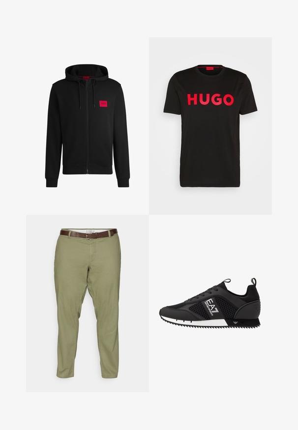 Hanorac negru cu fermoar, fabricat dintr-un material moale, cu un patch rectangular roșu pe pieptul stâng și glugă cu șnur.; Tricou din bumbac negru, cu text „HUGO” îndrăzneț roșu pe față, mâneci scurte, decolteu rotund și o croială lejeră.; Pantaloni din amestec de bumbac de culoare verde măsliniu, cu croi drept, având buzunare în față și un curea din piele maro. Textură netedă și design simplu.; EA7 Emporio Armani Sneakers low - black/white