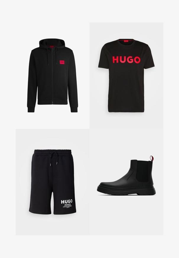 Čierna mikina na zips vyrobená z mäkkej látky, s červeným obdĺžnikovým logom na ľavej hrudi a sťahovacou kapucňou.; Čierne bavlnené tričko s výrazným červeným nápisom "HUGO" na prednej strane, krátke rukávy, okrúhly výstrih a voľný strih.; Čierne bavlnené šortky s elastickým pásom a šnúrkou. Biele logo "HUGO" na ľavom stehne. Jednoduchý dizajn, dĺžka po kolená.; Čierne členkové topánky s hladkým povrchom, elastickými bočnými panelmi a kontrastným červeným poutkom, vybavené hrubou gumovou podrážkou a zaoblenou špičkou.