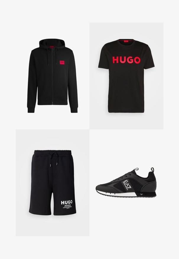 Black zip-up hoodie made of soft fabric, featuring a red rectangular logo patch on the left chest and drawstring hood.; Black cotton t-shirt featuring bold red "HUGO" text on the front, short sleeves, round neckline, and a relaxed fit.; Black cotton shorts with an elastic waistband and drawstring. White "HUGO" logo on the left leg. Simple design, knee-length cut.; EA7 Emporio Armani Trainers - black/white