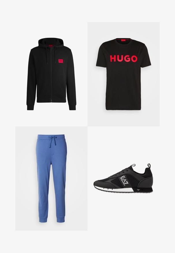 Svart zip-up huvtröja gjord av mjukt tyg, med en röd rektangulär logotyp på vänster bröst och dragsko i huvan.; Svart bomull t-shirt med djärv röd "HUGO" text framtill, korta ärmar, rund halsringning och en avslappnad passform.; Blå svettbyxor i mjuk bomullsblandning. Har elastisk midja med dragskaft och åtsittande fållar för en snug fit. Inga synliga mönster.; EA7 Emporio Armani Sneakers - black/white