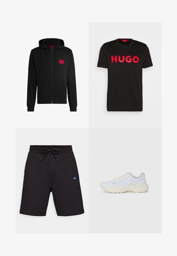 Μαύρο φούτερ με φερμουάρ φτιαγμένο από μαλακό ύφασμα, με κόκκινο ορθογώνιο λογότυπο στη αριστερή πλευρά του στήθους και κουκούλα με κορδόνι.; Μαύρο βαμβακερό μπλουζάκι με έντονο κόκκινο κείμενο "HUGO" μπροστά, κοντά μανίκια, στρογγυλή λαιμόκοψη και χαλαρή εφαρμογή.; Μαύρες βαμβακερές σορτσάτες με κορδόνι στο μέσο, διαθέτουν πλαϊνές τσέπες και ένα μικρό μπλε λογότυπο στο μπροστινό μέρος. Λείος υφή.; Λευκά αθλητικά παπούτσια από πλέγμα και σουέτ, με υφή στη σόλα, υφές σε διάφορα σημεία και λογότυπο "HUGO" στο πλάι.