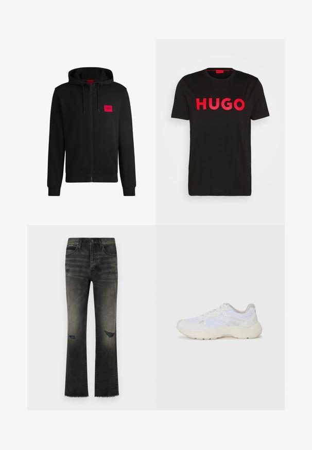 Μαύρο φούτερ με φερμουάρ φτιαγμένο από μαλακό ύφασμα, με κόκκινο ορθογώνιο λογότυπο στη αριστερή πλευρά του στήθους και κουκούλα με κορδόνι.; Μαύρο βαμβακερό μπλουζάκι με έντονο κόκκινο κείμενο "HUGO" μπροστά, κοντά μανίκια, στρογγυλή λαιμόκοψη και χαλαρή εφαρμογή.; Μαύρα τζήν παντελόνια σε φαρδιά γραμμή με ξεθωριασμένο φινίρισμα, ορατές φθορές και φθαρμένο στρίφωμα. Διαθέτουν κλασικό στυλ πέντε τσέπες και μεταλλικό κούμπωμα.; Λευκά αθλητικά παπούτσια από πλέγμα και σουέτ, με υφή στη σόλα, υφές σε διάφορα σημεία και λογότυπο "HUGO" στο πλάι.