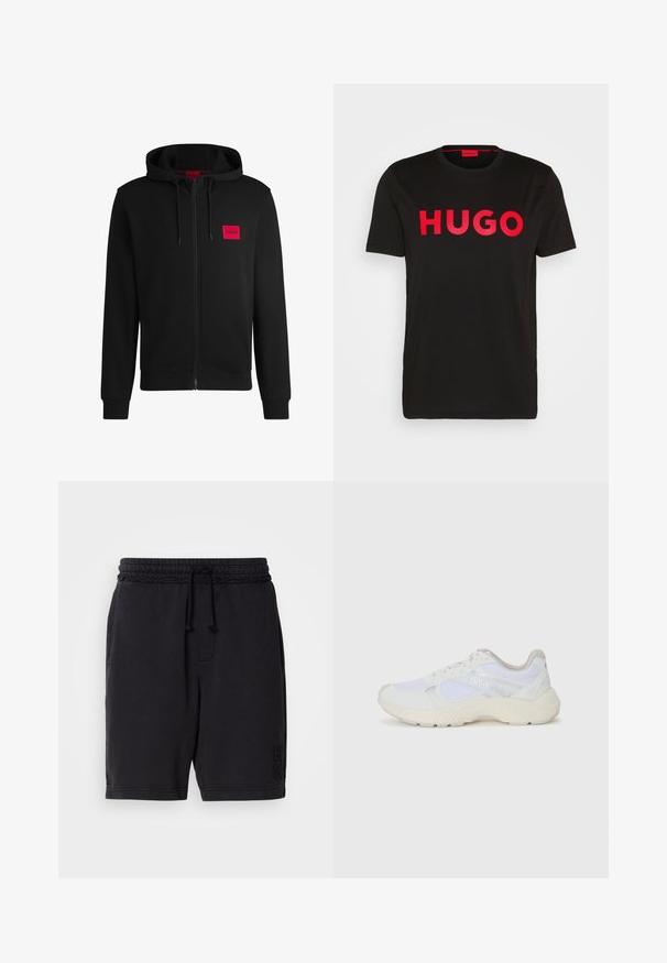 Felpa nera con zip realizzata in tessuto morbido, con un logo rettangolare rosso sul lato sinistro del petto e cappuccio con cordino.; T-shirt nera in cotone con il testo "HUGO" rosso audace sul davanti, maniche corte, scollo rotondo e vestibilità rilassata.; Pantaloni corti neri in cotone con vita elastica e coulisse. Presentano tasche laterali e un logo impresso in modo discreto sulla gamba sinistra.; Scarpe da ginnastica bianche in mesh e suede, con una suola intermedia testurizzata, dettagli testurizzati e il logo "HUGO" sul lato.
