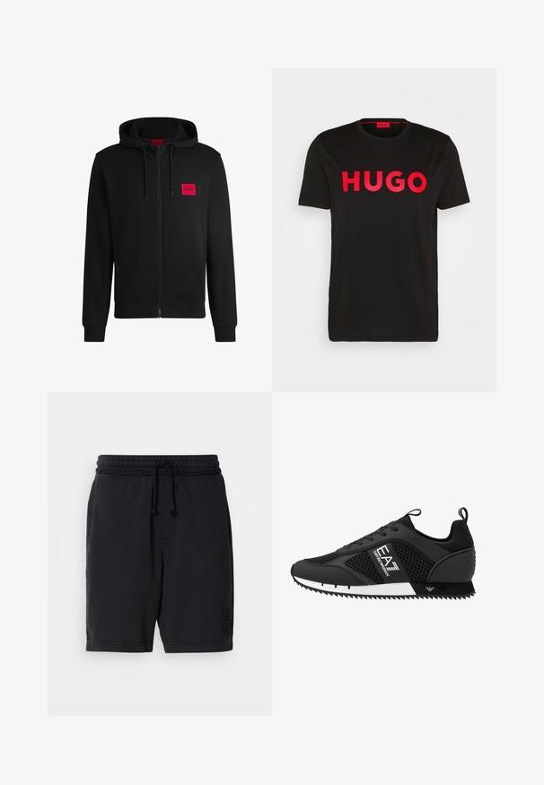 Melnā pieguļošā jaka ar rāvējslēdzēju, izgatavota no mīksta auduma, ar sarkanu taisnstūra formas logo uz kreisā krūtīm un regulējamu kapuci.; Melns kokvilnas T-krekls ar izteiksmīgām sarkanm sērijas "HUGO" uzrakstam priekšpusē, īsām piedurknēm, apaļu kakla izgriezumu un brīvu piegriezumu.; Melni kokvilnas šorti ar elastīgu jostasvīru un aukliņu. Funkcijas sānu kabatas un smalkas uzspieduma zīmola atzīmes apakšējā kreisajā kājā.; EA7 Emporio Armani LACES UNISEX - Treniņu apavi - black/white