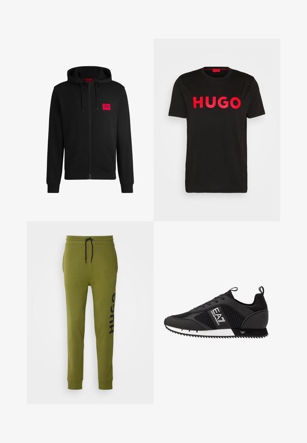 Black zip-up hoodie made of soft fabric, featuring a red rectangular logo patch on the left chest and drawstring hood.; Black cotton t-shirt featuring bold red "HUGO" text on the front, short sleeves, round neckline, and a relaxed fit.; HUGO DUTSCHI - Tracksuit bottoms - open green; EA7 Emporio Armani LACES UNISEX - Trainers - black/white