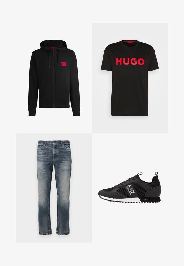 Mustapintainen vetoketjuhuppari, joka on valmistettu pehmeästä kankaasta. Vasemmassa rinnassa on punainen suorakulmainen logopatja ja siinä on kiristettävä huppu.; Musta puuvillainen t-paita, jossa on rohkea punainen "HUGO" -teksti edessä, lyhyet hihat, pyöreä kaula-aukko ja rento istuvuus.; Siniset farkut, joissa on suora lahje. Vaaleat kuluneet kohdat, klassinen viiden taskun muotoilu ja yksittäinen metallinen napin suljenta vyötäröllä.; EA7 Emporio Armani LACES UNISEX - Matalavartiset tennarit - black/white