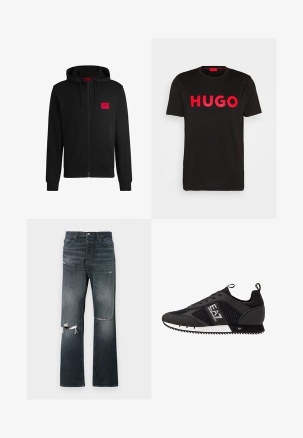 Sudadera negra con cremallera hecha de un tejido suave, con un parche rectangular rojo en el lado izquierdo del pecho y capucha con cordón.; Camiseta de algodón negra con el text bold rojo "HUGO" en la parte frontal, mangas cortas, cuello redondo y un corte relajado.; Jeans de mezclilla en un lavado oscuro con un corte relajado, que presentan dos desgarros en las rodillas, un cierre de botón estándar y un diseño de cinco bolsillos.; EA7 Emporio Armani LACES UNISEX - Zapatillas - black/white