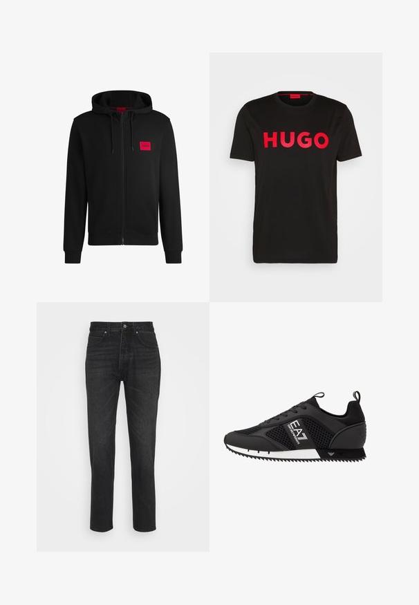 Sudadera negra con cremallera hecha de un tejido suave, con un parche rectangular rojo en el lado izquierdo del pecho y capucha con cordón.; Camiseta de algodón negra con el text bold rojo "HUGO" en la parte frontal, mangas cortas, cuello redondo y un corte relajado.; Jeans de mezclilla negros con un diseño de pierna recta, que cuentan con cinco bolsillos, cierre de botón y detalles de costura sutiles.; EA7 Emporio Armani Zapatillas - black/white