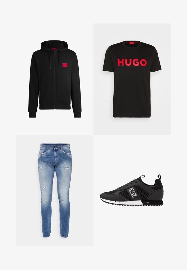Črna zip-up kapuca iz mehkega blaga, z rdečim pravokotnim logotipom na levi strani prsnega koša in kapuco s vrvico.; Črna bombažna majica s poudarjenim rdečim napisom "HUGO" spredaj, kratkimi rokavi, okroglo ovratnikom in sproščenim krojem.; Modre kavbojke z obrabljenim izgledom, s frayed podrobnostmi, slim fit krojem in standardnim petim žepnim dizajnom.; EA7 Emporio Armani Športni copati - black/white