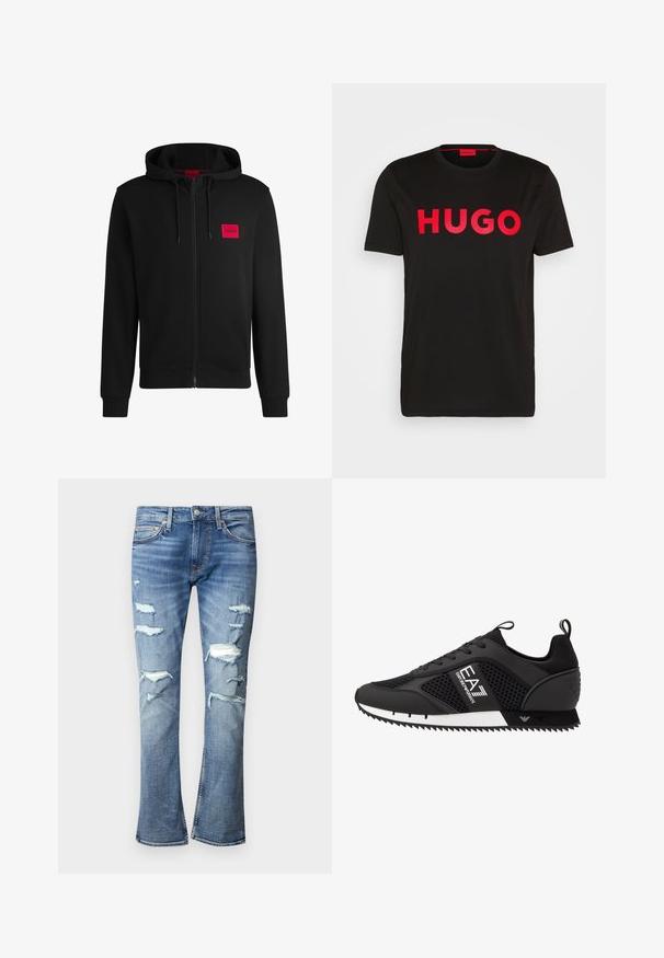 Felpa nera con zip realizzata in tessuto morbido, con un logo rettangolare rosso sul lato sinistro del petto e cappuccio con cordino.; T-shirt nera in cotone con il testo "HUGO" rosso audace sul davanti, maniche corte, scollo rotondo e vestibilità rilassata.; Jeans strappati azzurri con molteplici toppe rovinate. Design a gamba svasata con una texture liscia e cuciture a contrasto. Chiusura con bottone metallico.; EA7 Emporio Armani Sneakers basse - black/white