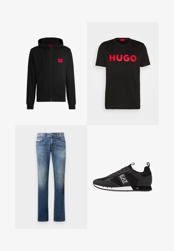 Črna zip-up kapuca iz mehkega blaga, z rdečim pravokotnim logotipom na levi strani prsnega koša in kapuco s vrvico.; Črna bombažna majica s poudarjenim rdečim napisom "HUGO" spredaj, kratkimi rokavi, okroglo ovratnikom in sproščenim krojem.; Modre jeansa iz denima z zbledele obdelave, ravnimi hlačnicami, slogom s petimi žepi in subtilnimi detajli šivov. Klasično zapenjanje na gumbe.; EA7 Emporio Armani Športni copati - black/white