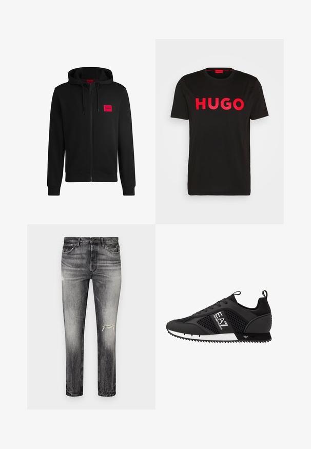 Sudadera negra con cremallera hecha de un tejido suave, con un parche rectangular rojo en el lado izquierdo del pecho y capucha con cordón.; Camiseta de algodón negra con el text bold rojo "HUGO" en la parte frontal, mangas cortas, cuello redondo y un corte relajado.; Vaqueros de mezclilla negra desgastados con corte recto, que cuentan con zonas desgastadas, bolsillos frontales y un cierre clásico de botón.; EA7 Emporio Armani LACES UNISEX - Zapatillas - black/white