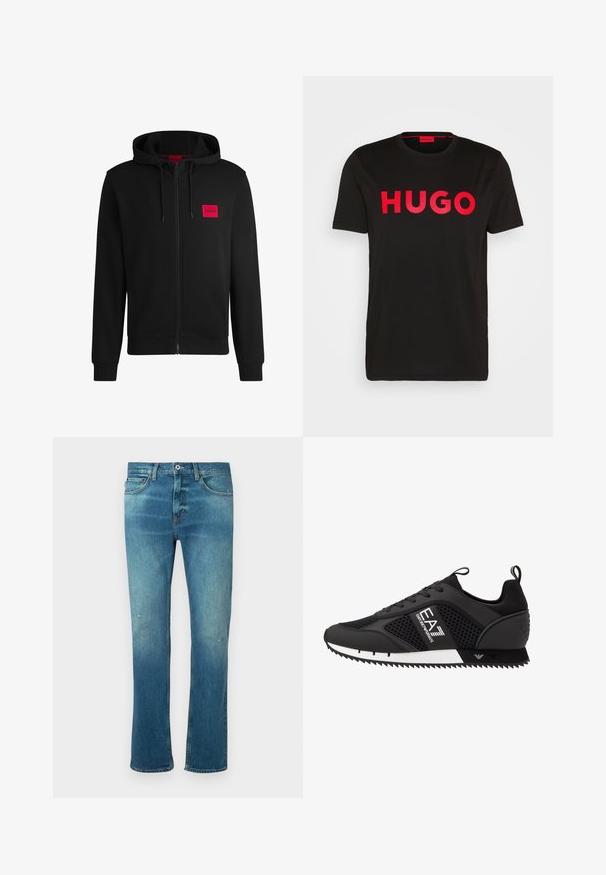 Fekete zipzáras kapucnis pulóver, puha anyagból készült, bal mellen piros téglalap alakú logóval és állítható kapucnival.; Fekete pamut póló, elöl feltűnő piros "HUGO" felirattal, rövid ujjal, kerek nyakkivágással és laza szabással.; Kék farmernadrág egyenes szabással, kopottas hatással, enyhe kopásnyomokkal a térdeken, és klasszikus, öt zsebes dizájnnal.; EA7 Emporio Armani Sportcipő - black/white