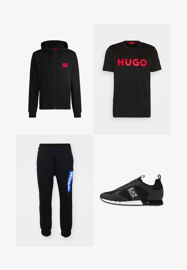 Sudadera negra con cremallera hecha de un tejido suave, con un parche rectangular rojo en el lado izquierdo del pecho y capucha con cordón.; Camiseta de algodón negra con el text bold rojo "HUGO" en la parte frontal, mangas cortas, cuello redondo y un corte relajado.; Pantalones deportivos negros con puños y cintura elástica, con un logo azul "HUGO" en el lado izquierdo. Elaborados en una suave tela texturizada.; EA7 Emporio Armani LACES UNISEX - Zapatillas - black/white