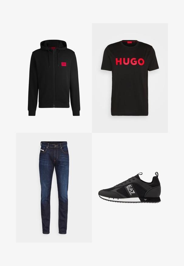 Czarny rozpinany hoodie wykonany z miękkiego materiału, z czerwoną prostokątną naszywką logo na lewej piersi i kapturem ze sznurkiem.; Czarna bawełniana koszulka z odważnym czerwonym napisem "HUGO" z przodu, krótkie rękawy, okrągły dekolt oraz luźny krój.; Ciemnoniebieskie dżinsy z wąskim krojem, z kontrastowymi pomarańczowymi szwami, klasycznym zapięciem na guzik i pięcioma kieszeniami.; EA7 Emporio Armani UNISEX czarny