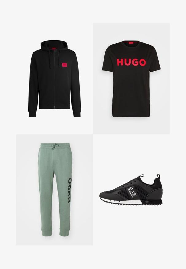 Moleton preto com fecho, feito de um tecido suave, apresentando um patch de logo retangular vermelho no lado esquerdo do peito e capuz com cordão.; T-shirt de algodão preto com o texto "HUGO" em vermelho intenso na parte da frente, mangas curtas, decote redondo e um corte relaxado.; Calças de treino verdes feitas de um tecido macio, com cintura ajustável e bolsos laterais. "HUGO" impresso em negrito preto na perna esquerda.; EA7 Emporio Armani Sapatilhas - black/white