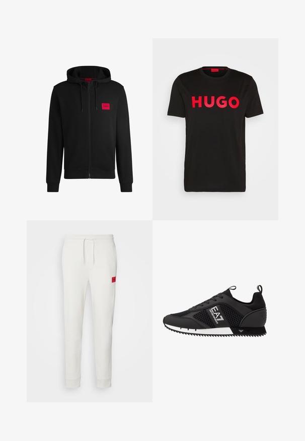 Black zip-up hoodie made of soft fabric, featuring a red rectangular logo patch on the left chest and drawstring hood.; Black cotton t-shirt featuring bold red "HUGO" text on the front, short sleeves, round neckline, and a relaxed fit.; HUGO DOAK - Tracksuit bottoms - natur; EA7 Emporio Armani Trainers - black/white