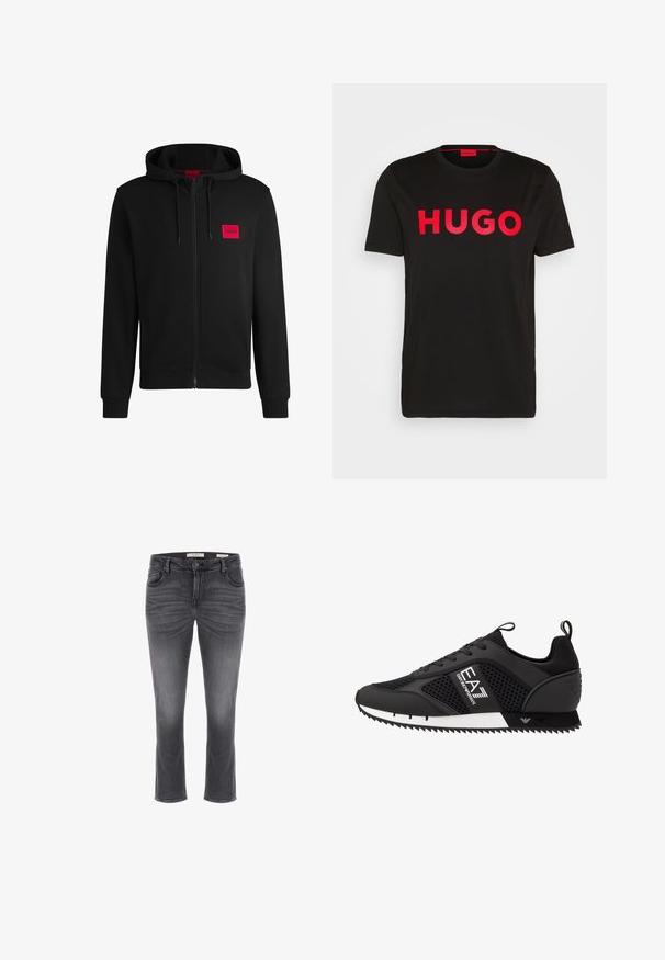 Mustmust sinine kapuutsiga ja pehme kangaga, millel on vasakul rinnal punane ristkülikukujuline logo ja nööriga kapuuts.; Must päikese must puuvillane T-särk, millel on esiosas julge punane "HUGO" tekst, lühikesed varrukad, ümar kaelus ja mugav lõige.; Hallid denimsiriga, sirge lõikega, viie taskuga kujundus ja kerge kulumine. Omab nupuga sulgemist ja vööpinde vööl.; EA7 Emporio Armani LACES UNISEX - Tossud - black/white