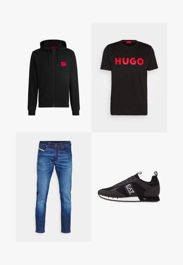 Sudadera negra con cremallera hecha de un tejido suave, con un parche rectangular rojo en el lado izquierdo del pecho y capucha con cordón.; Camiseta de algodón negra con el text bold rojo "HUGO" en la parte frontal, mangas cortas, cuello redondo y un corte relajado.; Vaqueros de mezclilla azul con corte ajustado, que presentan un diseño de cinco bolsillos, costuras en contraste y un ligero desgaste en los paneles frontales.; EA7 Emporio Armani Zapatillas - black/white