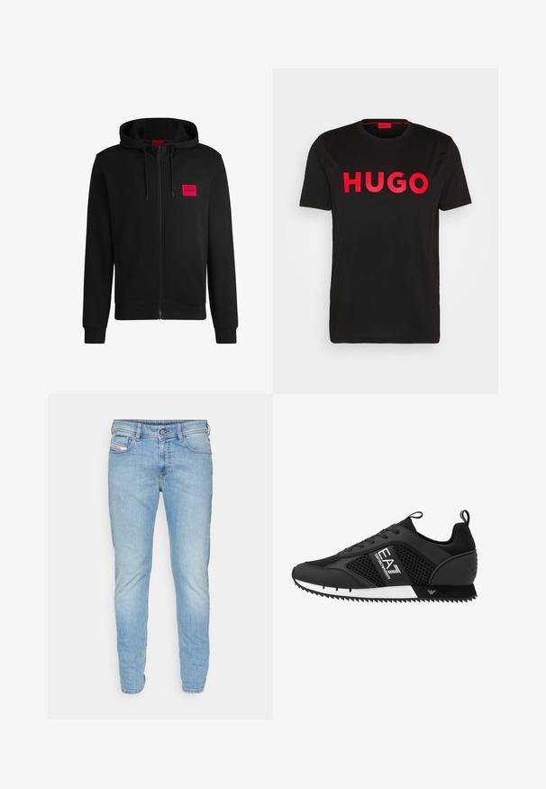 Fekete zipzáras kapucnis pulóver, puha anyagból készült, bal mellen piros téglalap alakú logóval és állítható kapucnival.; Fekete pamut póló, elöl feltűnő piros "HUGO" felirattal, rövid ujjal, kerek nyakkivágással és laza szabással.; Világoskék farmernadrág slim fit szabással, öt zsebes dizájnnal, gombos záródással, és enyhe fakulással az anyagon, amely textúrát és mélységet ad.; EA7 Emporio Armani Sportcipő - black/white