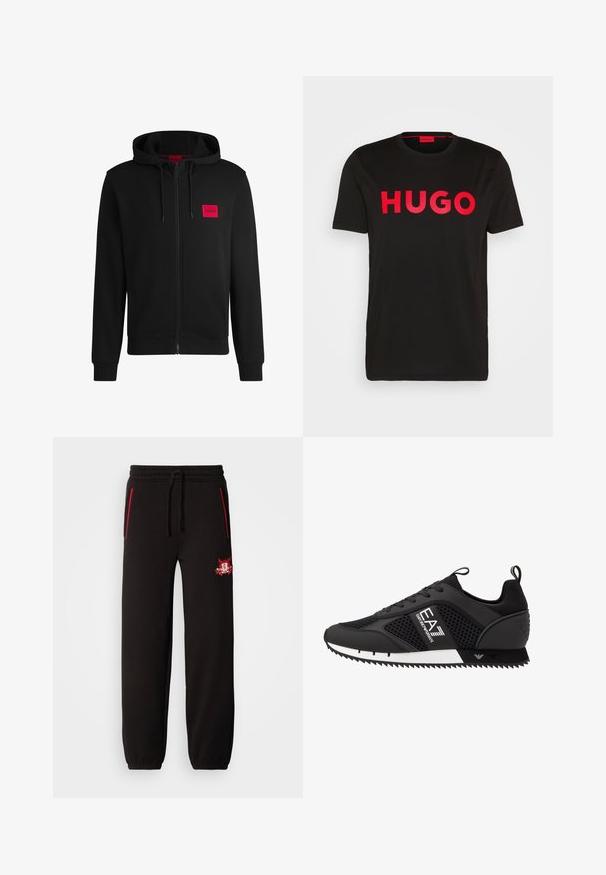 Sudadera negra con cremallera hecha de un tejido suave, con un parche rectangular rojo en el lado izquierdo del pecho y capucha con cordón.; Camiseta de algodón negra con el text bold rojo "HUGO" en la parte frontal, mangas cortas, cuello redondo y un corte relajado.; Pantalones de chándal negros con cintura elástica, cremalleras de acento rojas y un logo bordado prominente en el muslo izquierdo. Textura suave, ajuste ajustado.; EA7 Emporio Armani LACES UNISEX - Zapatillas - black/white