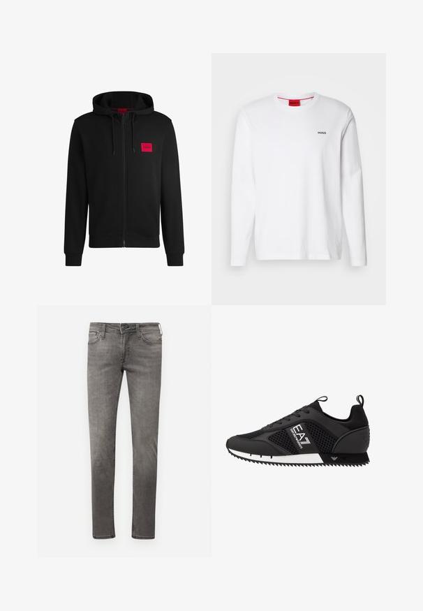 Melnā pieguļošā jaka ar rāvējslēdzēju, izgatavota no mīksta auduma, ar sarkanu taisnstūra formas logo uz kreisā krūtīm un regulējamu kapuci.; Balts garo piedurkņu krekls no kokvilnas, ar apaļu kakla izgriezumu, melnu "HUGO" logotipu kreisajā krūtī un gludu tekstūru.; Izbalējuši pelēki džinsi ar ciešu piegriezumu, pieci kabatas un kontrastējoša šuvuma detaļas. Iekļauta rāvējslēdzēja atvēršana un jostas cilpas. Minimālistisks dizains.; EA7 Emporio Armani Treniņu apavi - black/white
