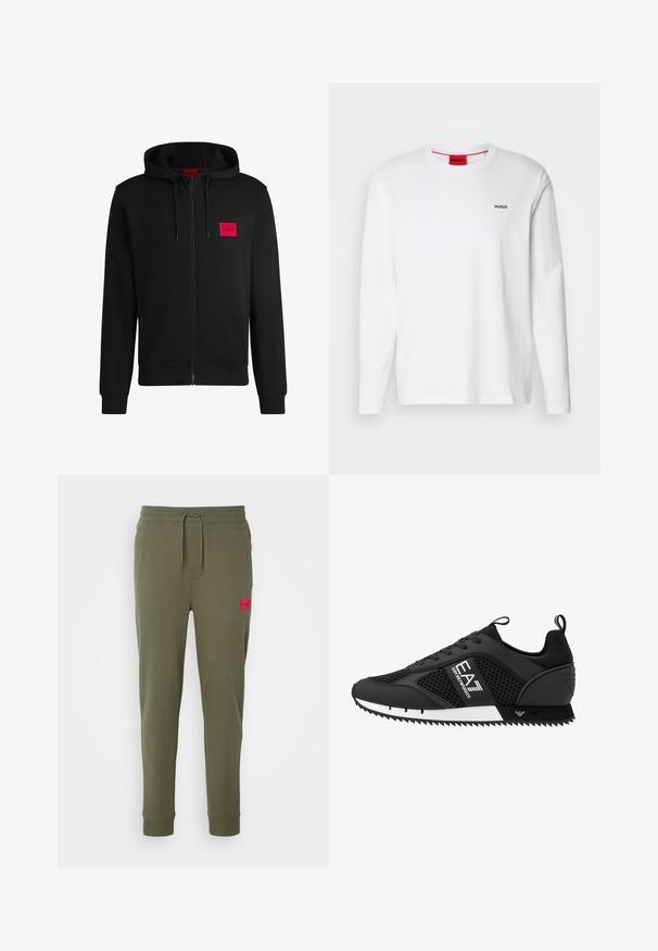 Sort zip-hoodie lavet af blødt stof, med et rødt rektangulært logo patch på venstre bryst og hætte med snore.; Hvid langærmet skjorte lavet af bomuld, med rund halsudskæring, sort "HUGO" logo på venstre bryst og en glat tekstur.; HUGO DOAK - Træningsbukser - dark beige; EA7 Emporio Armani Sneakers - black/white